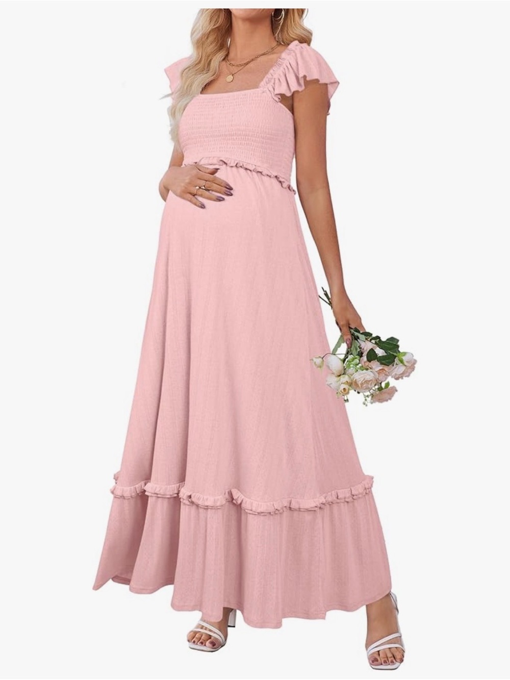 Maternity Pink Ruffle Maxi Dress